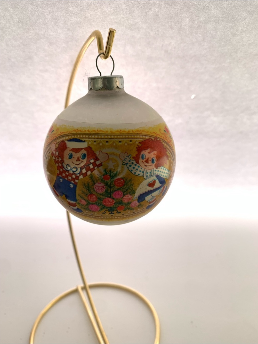 Vintage 1974 Raggedy Ann and Andy Glass Christmas Ornament
